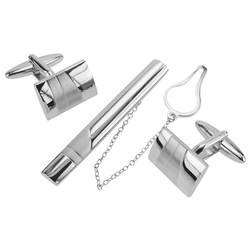 Shiny and Brush Silver Cufflinks and Tie Clip Set - Cuff Links - Other Metals Silver
