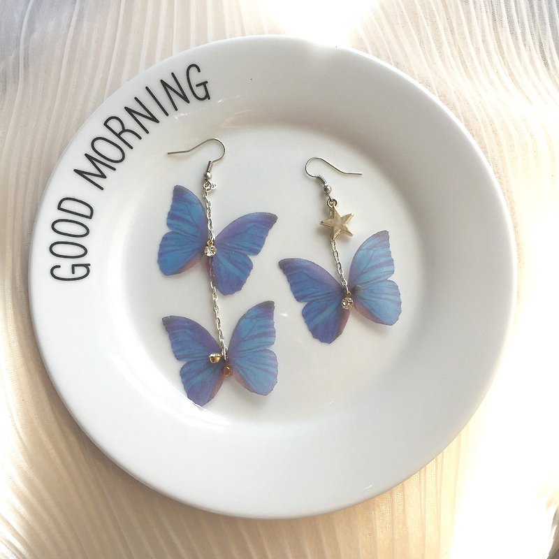[❤️ any two 10%! ! Silk butterfly wings の] [] original hand-made hand-gradient blue diamond crystal star sterling silver dragonfly ear hook simulation butterfly earrings pierced ears tassel ear clip-free gift - Earrings & Clip-ons - Other Materials Blue