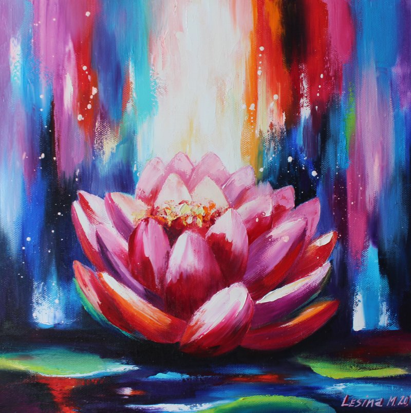 Lotus Oil Painting Lotus Original Art Pink Flower Artwork Buddhism Painting - ตกแต่งผนัง - วัสดุอื่นๆ สึชมพู