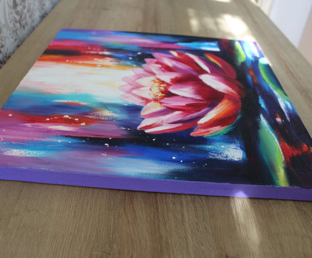 蓮の油絵 蓮のオリジナルアート ピンクの花のアートワーク 仏教
