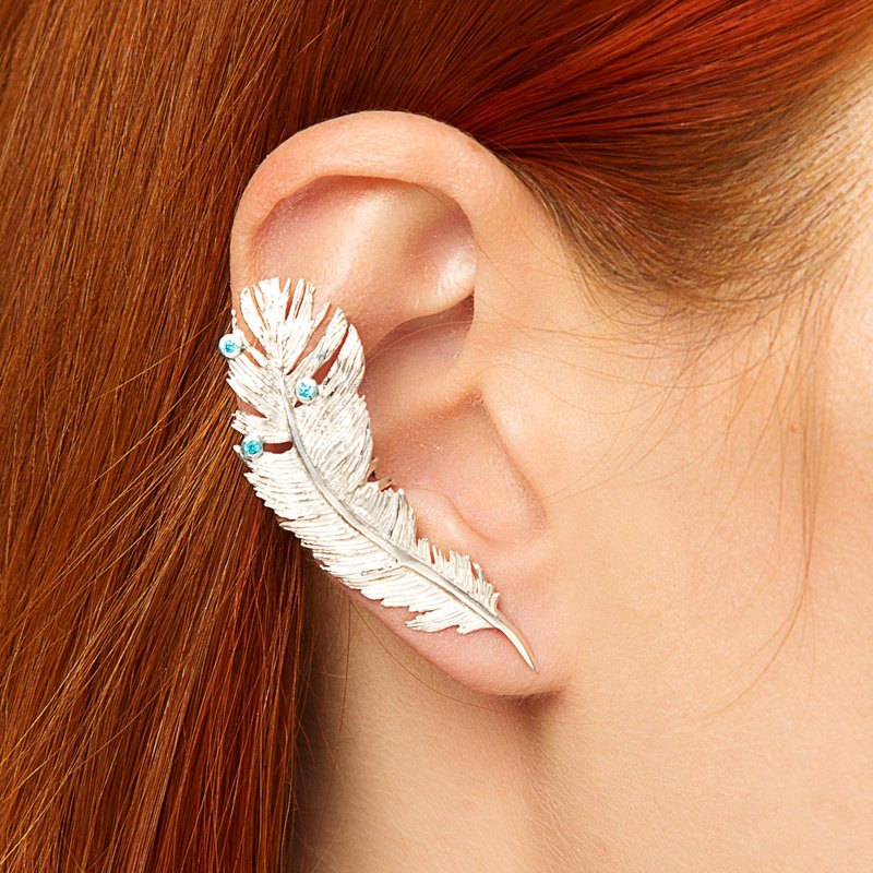 Feather ear cuff no piercing sterling silver - ต่างหู - เงินแท้ สีเงิน