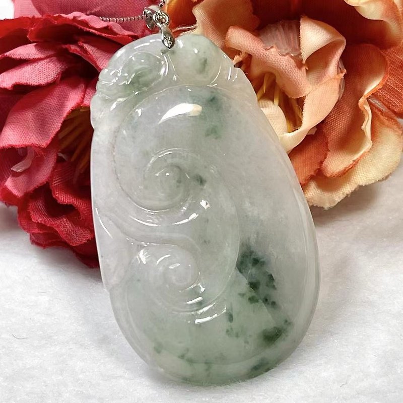 Treasure Crystal Stone/ natural jade Ruyi A large cargo / floating flowers jade / Fei / longevity wishful / Fubei / floating green flowers - Necklaces - Jade 