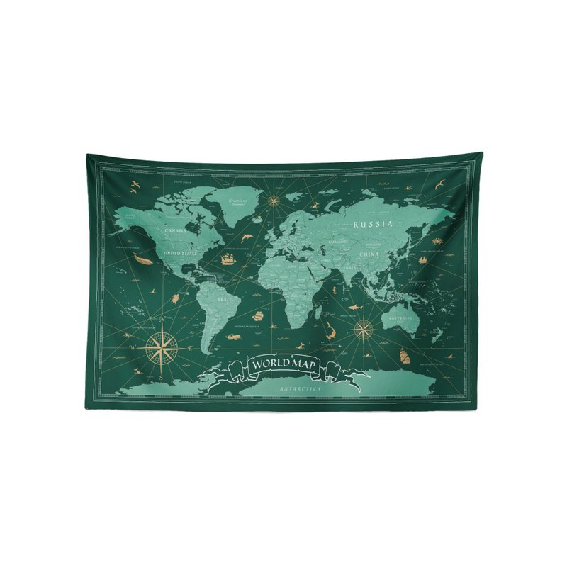 Vintage world map tapestry - โปสเตอร์ - เส้นใยสังเคราะห์ สีเขียว