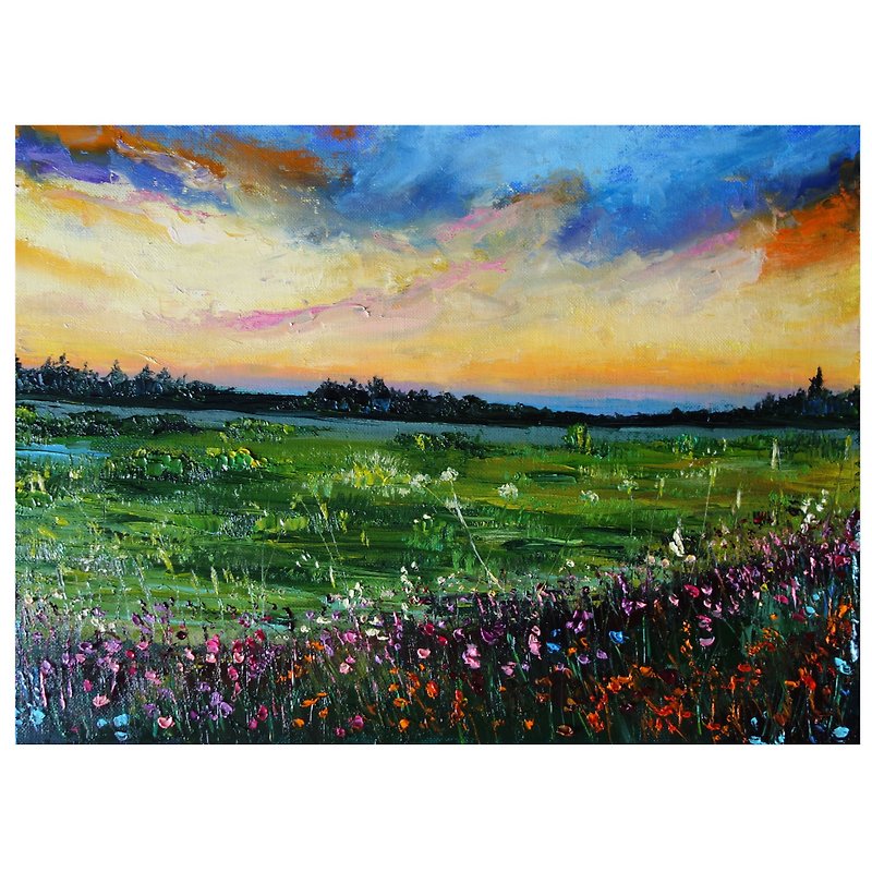 Wildflower Oil Painting Original Art Landscape Artwork Sunset Canvas Art Impasto - 掛牆畫/海報 - 顏料 多色