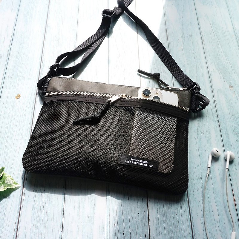 Khaki and mesh military double zipper sachet bag - Messenger Bags & Sling Bags - Cotton & Hemp Khaki