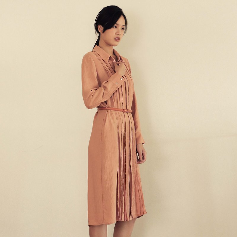 粉橘色 直條層次 襯衫款  附送腰帶 連身裙 洋裝 - 連身裙 - 其他材質 橘色