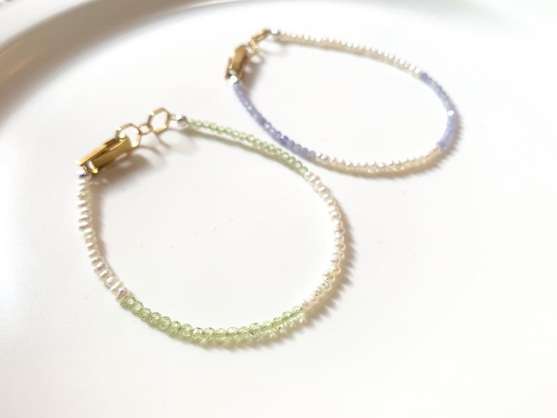 Half and half ore + pearl ore Bronze bracelet _ total two-color ore _ Stone_ single spring stone - Bracelets - Pearl Multicolor