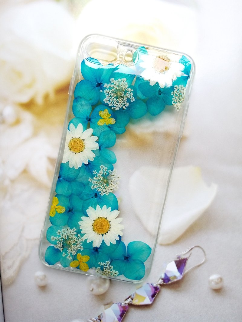 Pressed flowers phone case, Elegant blue - Phone Cases - Plastic Blue