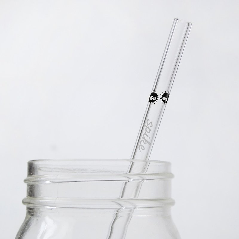 ガラス刻印入り20cm（口径0.8cm）のフラットダストグラスストロー（小ブラシ付） - ドリンクホルダー - ガラス ブラック
