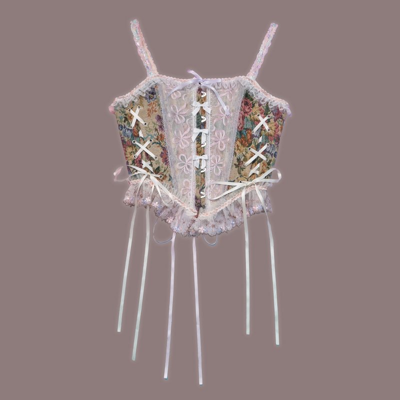 Ruffle Brocade Corset Top - เสื้อผู้หญิง - ดินเหนียว สีกากี