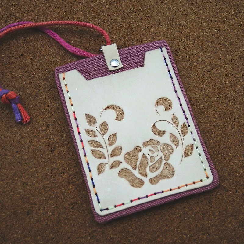 Double-layer leather card holder ID holder rose (shadow carving) - ที่ใส่บัตรคล้องคอ - หนังแท้ สึชมพู