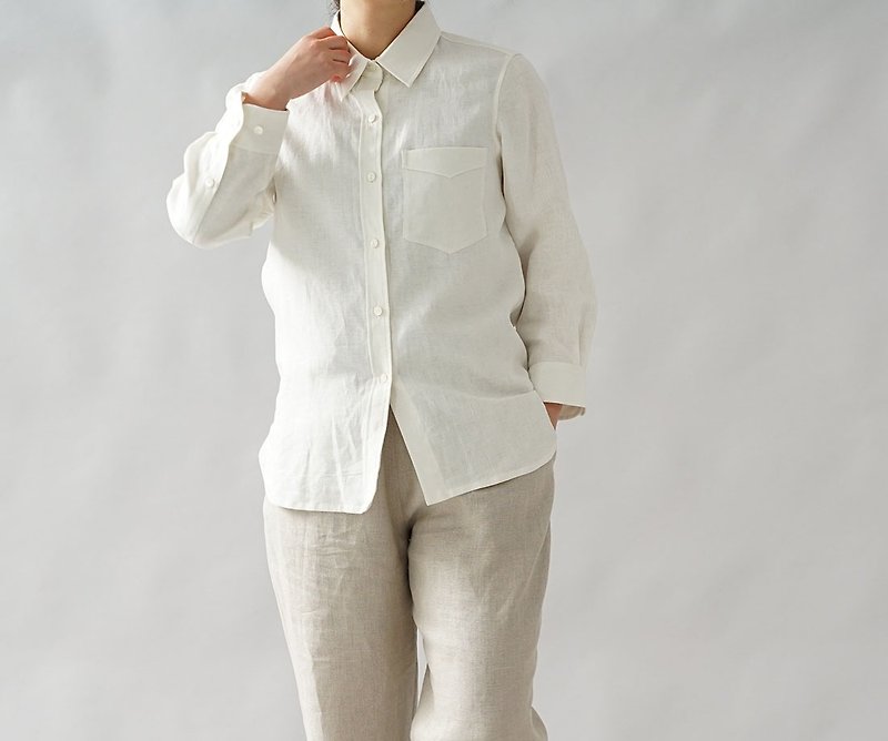 【wafu+】中厚 リネン 本格 premium シャツ 長袖シャツ シンプル 白シャツ/ホワイト t032a-wht2 - トップス - コットン・麻 ホワイト
