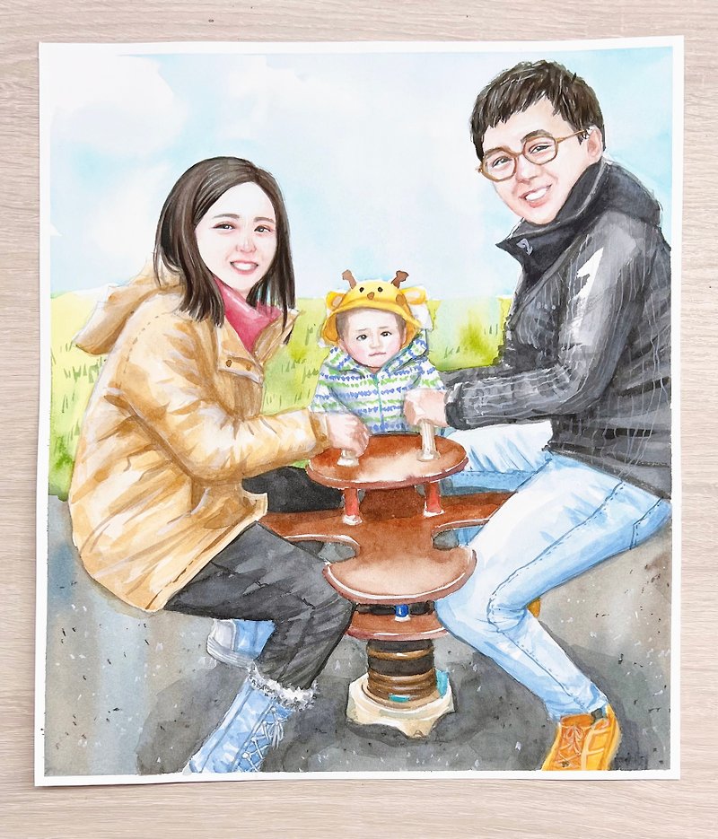 Hand Drawn Watercolor Family Portrait/Group Portrait up to 4 persons, A4 size - ภาพวาดบุคคล - กระดาษ หลากหลายสี