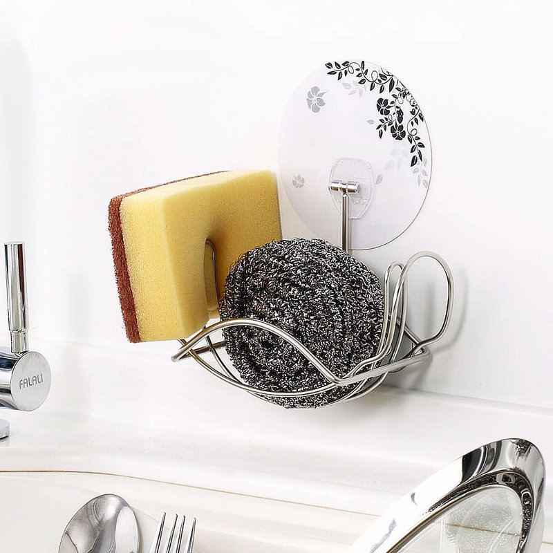 304 Stainless Steel vegetable cloth rack and steel brush together to store a useful sink basket object - Items for Display - Other Metals Gray