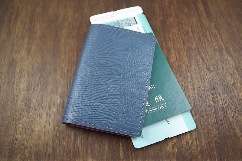 APEE leather handmade ~ passport holder ~ lizard skin blue gray + Peach - Passport Holders & Cases - Genuine Leather Silver