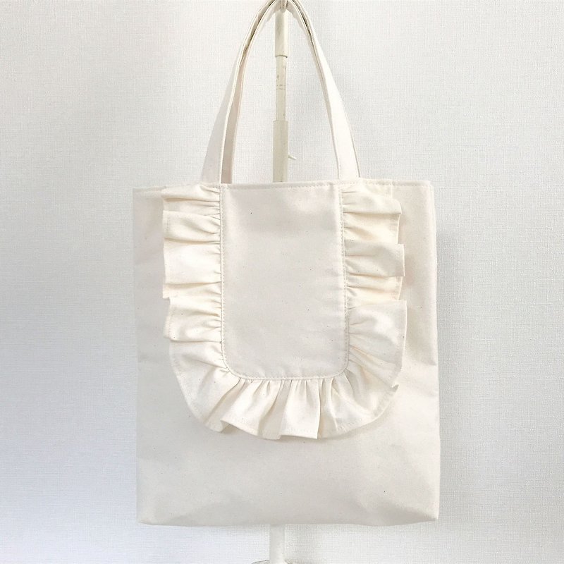 Round Frill Vertical Tote Bag Creation - Handbags & Totes - Cotton & Hemp White