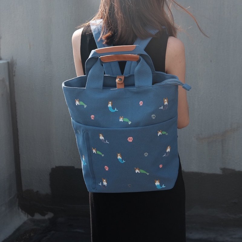Mermaid Corgi Zipper Dumpling Backpack - 後背包/背包/書包 - 尼龍 藍色