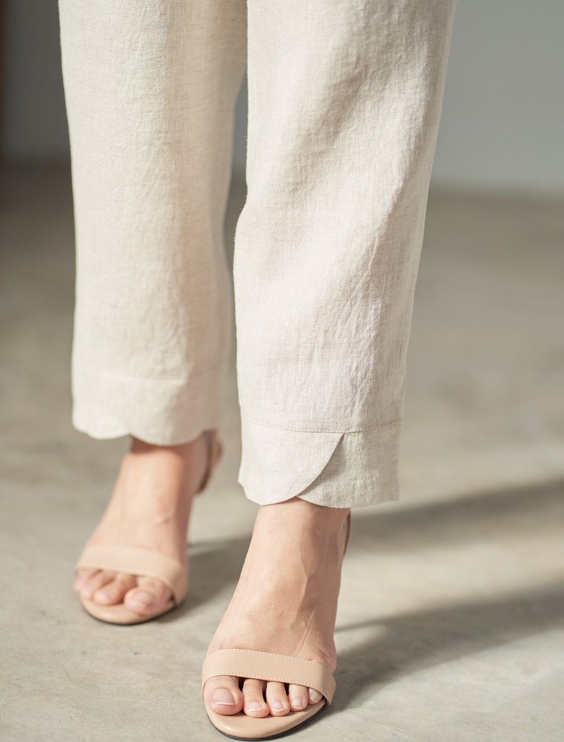 Natural Linen Pants Decorative Scallop Leg Minimal Linen Pants - Natural Color - Women's Pants - Linen White