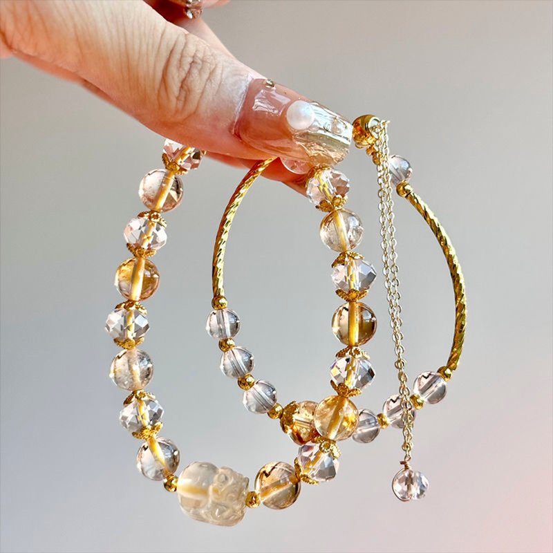 Natural citrine Pixiu double circle design bracelet to attract wealth, work and mobility - สร้อยข้อมือ - คริสตัล สีเหลือง