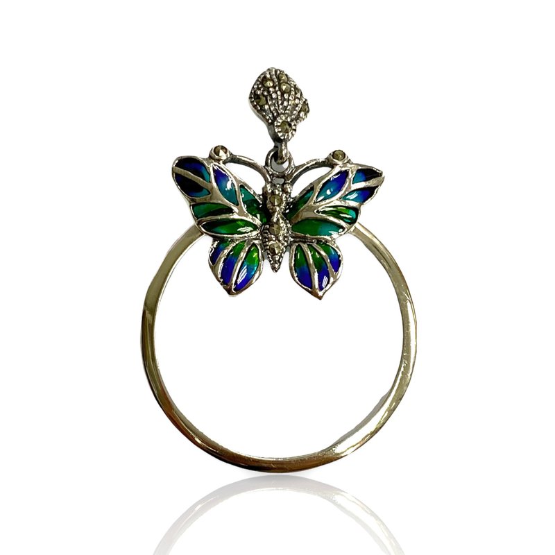 Art Nouveau Enamel Butterfly Magnifying Glass Loop Pendant 925 Sterling Silver - 其他 - 純銀 銀色
