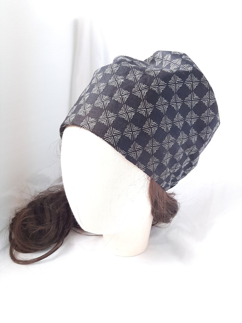 Black diamond pattern cotton turban hat - หมวก - ผ้าฝ้าย/ผ้าลินิน สีดำ