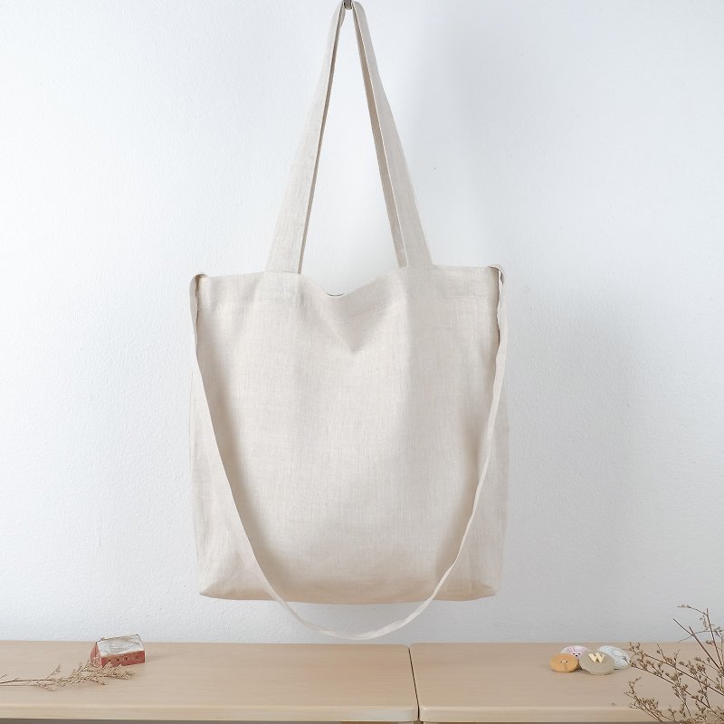 Beige Linen Tote Bag (2 Way Tote) - 側背包/斜背包 - 亞麻 白色