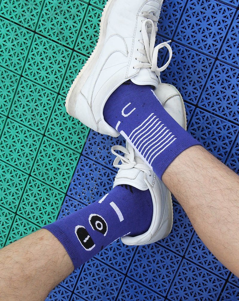 Classic Blue_ Blue geometric crew TERRY socks - ถุงเท้า - ผ้าฝ้าย/ผ้าลินิน สีน้ำเงิน