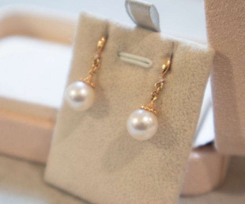 Japan Akoya pearl earrings 7.5-8mm 18k gold set with natural diamonds - ต่างหู - ไข่มุก สีทอง