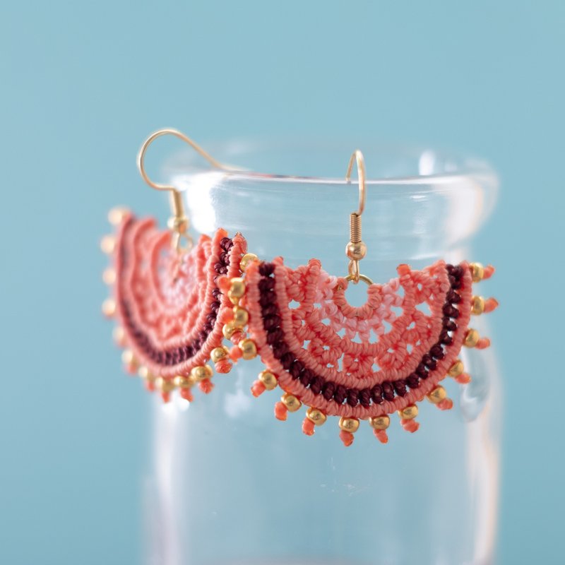 E018 Macrame Earrings /Clip-on Earrings Pink-Red - Earrings & Clip-ons - Polyester Pink