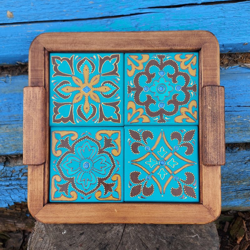 Wood coffee tray with handpainted wood tiles - ถาดเสิร์ฟ - ไม้ สีน้ำเงิน