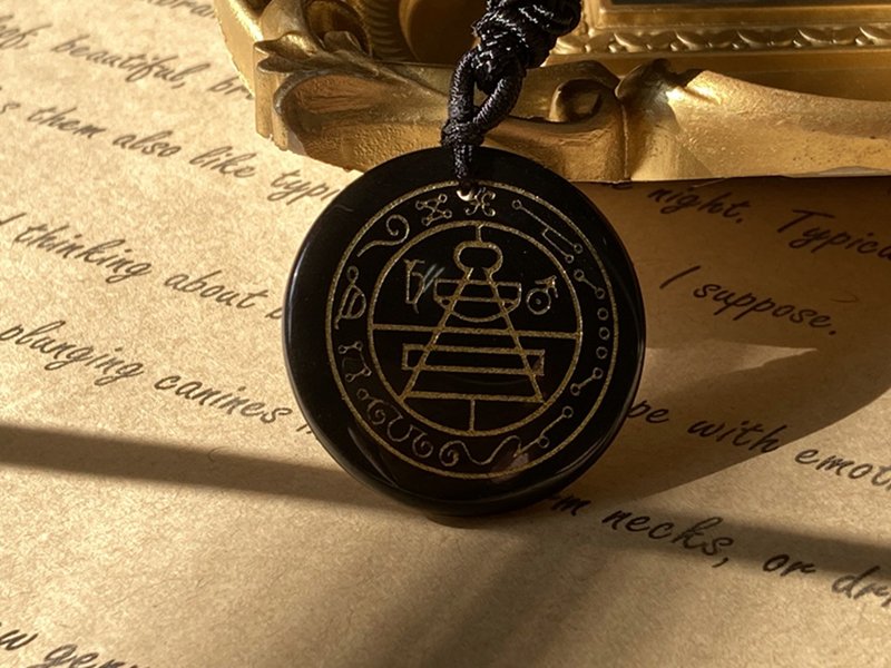 【Solomon's Key_Solomon's Shield. Obsidian Pendant】Wards off negative energy, protective seal. - สร้อยคอยาว - คริสตัล สีดำ