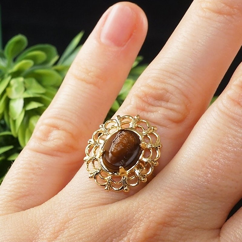 Brown Vintage Glass Lady Girl Cameo Golden Filigree Adjustable Ring Jewelry Gift - 戒指 - 玻璃 咖啡色