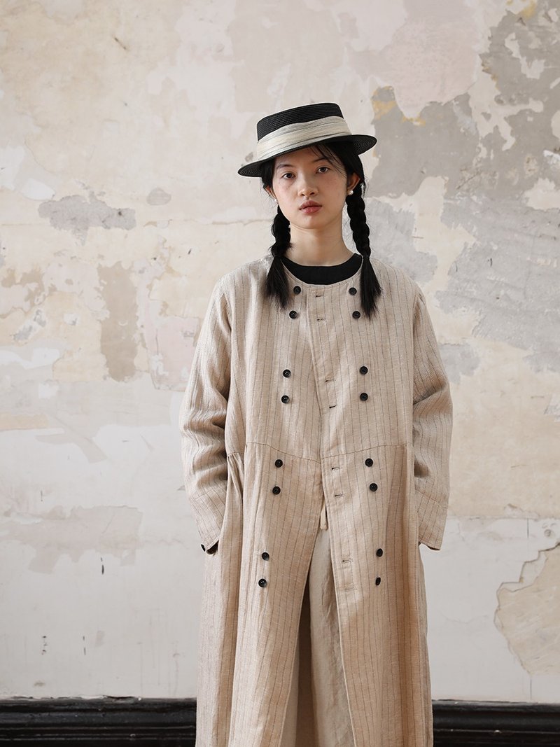 Women's linen double-breasted trench coat round collar mid-length coat - เสื้อสูท/เสื้อคลุมยาว - ผ้าฝ้าย/ผ้าลินิน สีส้ม