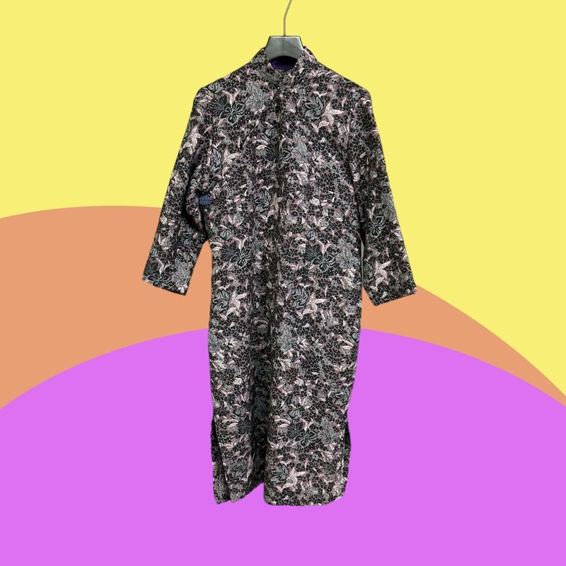 二手 古董訂製 紫黑 毛料 緹花 腋下盤扣 長袖 旗袍 CA404 - 洋裝/連身裙 - 聚酯纖維 紫色