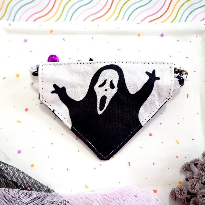 Ghost Face Halloween fabric Cat bow tie Collar with Breakaway Safety Buckle - 項圈/牽繩 - 棉．麻 黑色