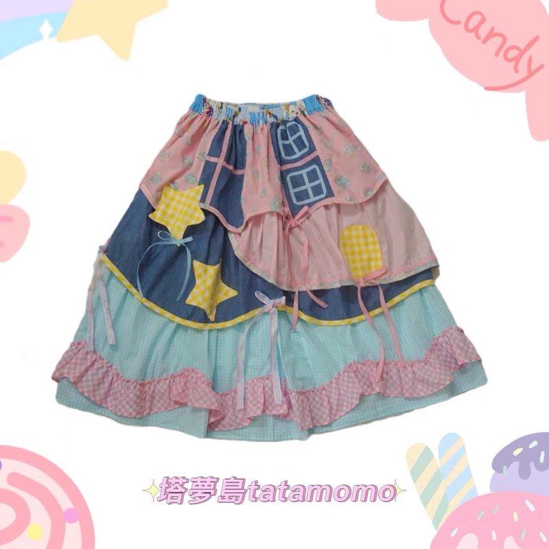 Star-sliding irregular patchwork skirt - Skirts - Cotton & Hemp Blue