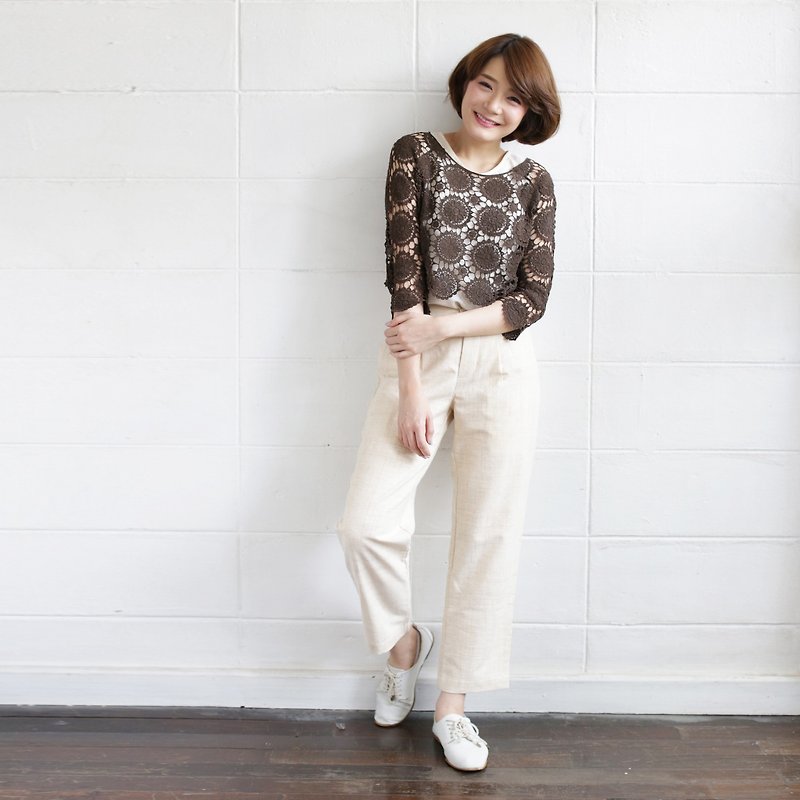 Brown Lace Tops Long Sleeve Cotton Sunflower - 女上衣/長袖上衣 - 棉．麻 咖啡色