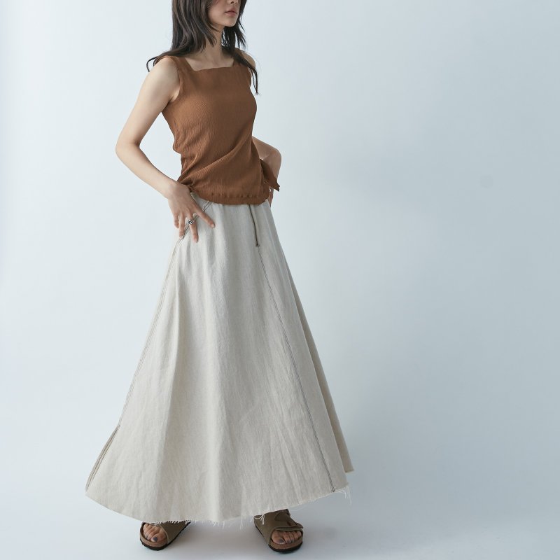 Irregular raw edge skirt - Apricot - กระโปรง - ผ้าฝ้าย/ผ้าลินิน สีกากี