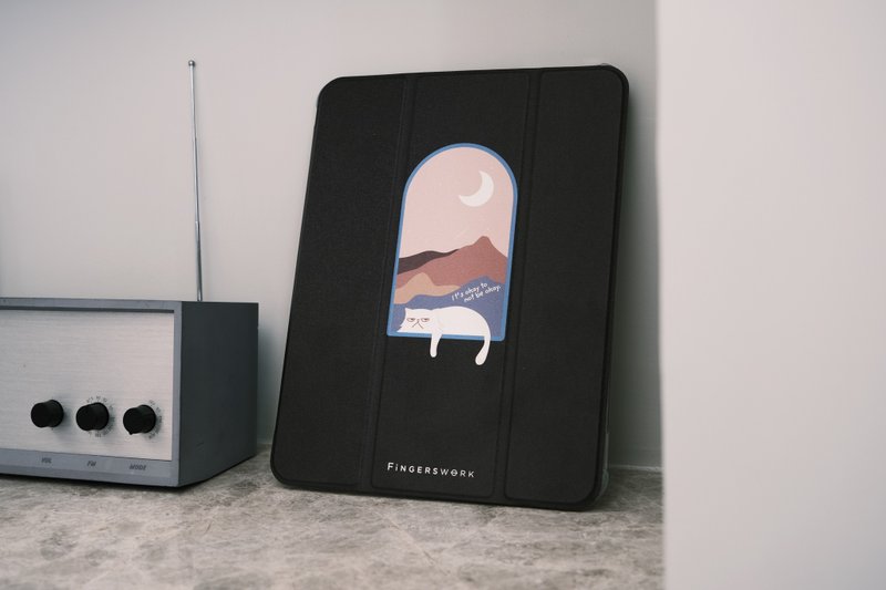 World-weary cat anti-fall leather IPAD protective cover by the window, tri-fold, with pen slot - Tablet & Laptop Cases - Faux Leather Black