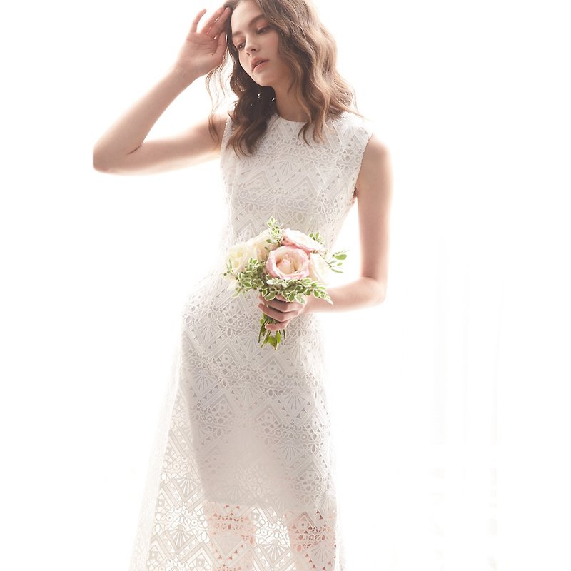聚酯纖維 禮服/小禮服 白色 - (客製化)Kristin克莉絲汀 時尚動人刺繡洋裝 禮服,輕婚紗,自助婚