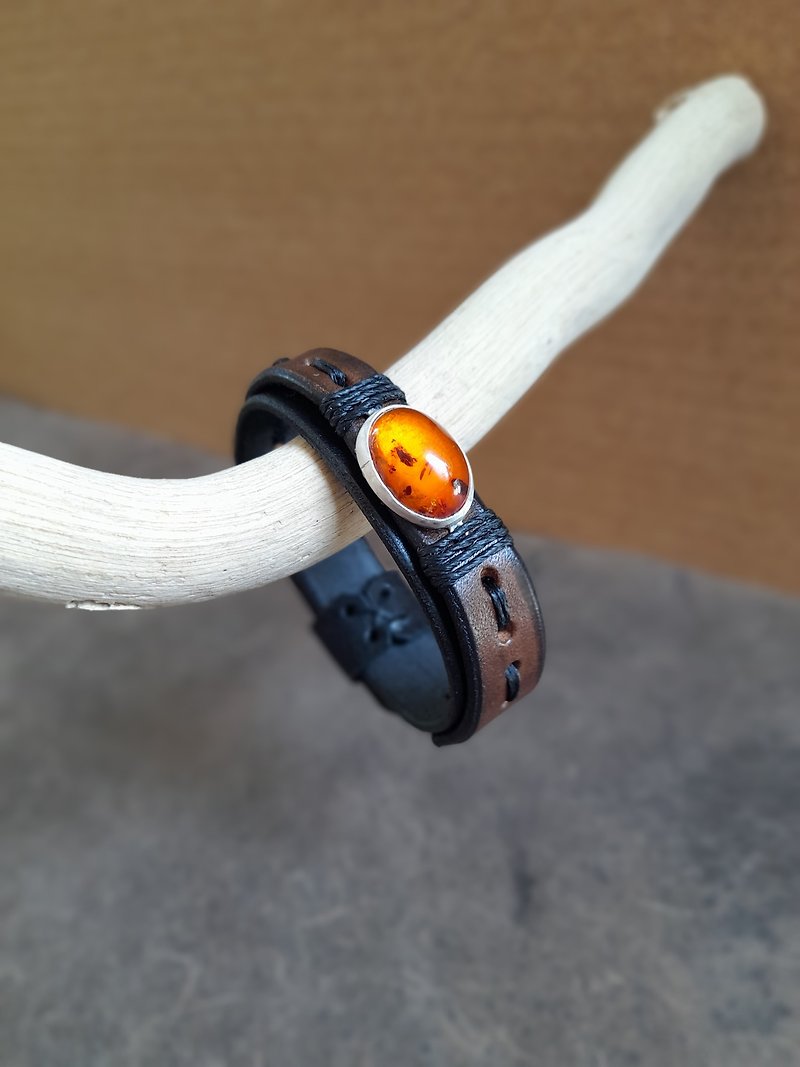 Natural Amber Bracelet, Handmade Adjustable Unisex Cuff, Sterling Silver - Bracelets - Genuine Leather Brown