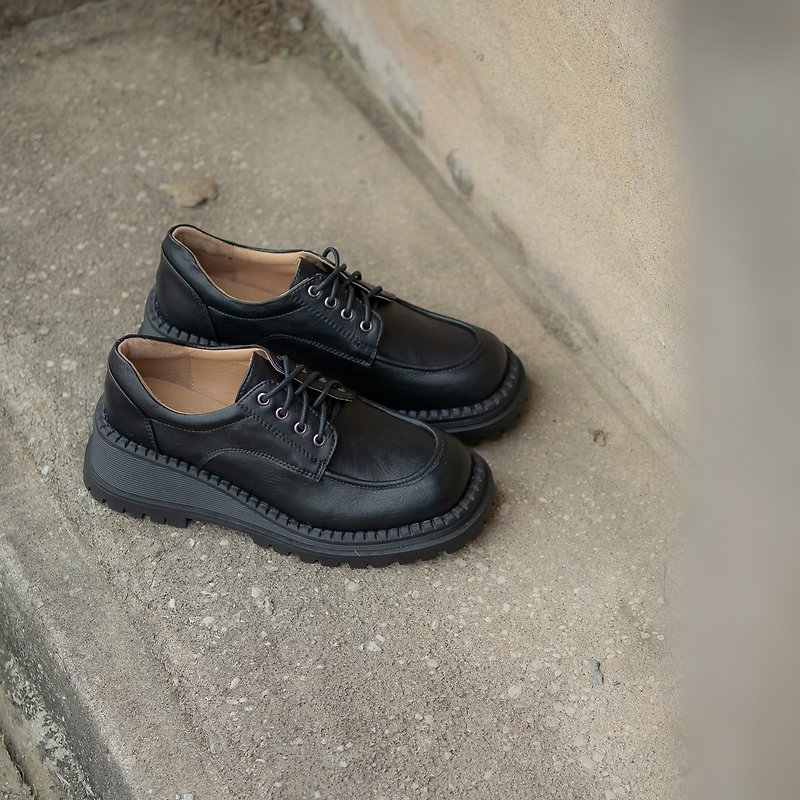 Retro heightened thick-soled dad shoes genuine leather_black - Women's Leather Shoes - Genuine Leather Black