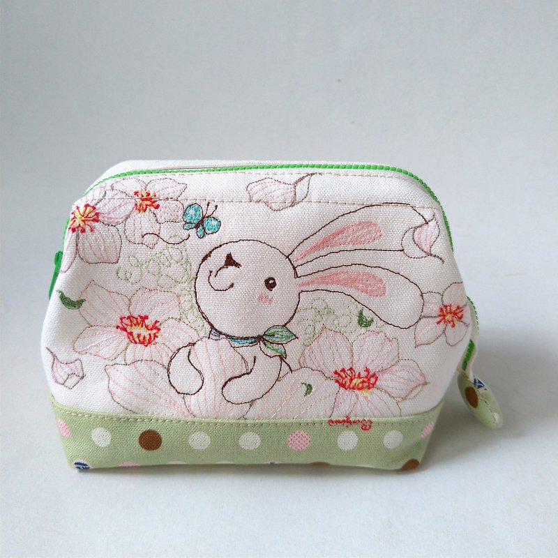 春暖-小兔支架口金收納包、化妝包  、收納盒 - 化妝袋/收納袋 - 棉．麻 綠色