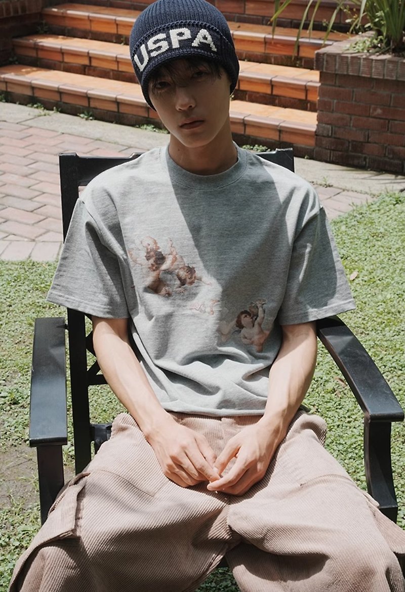 Japanese retro angel print short-sleeved T-shirt - เสื้อยืดผู้ชาย - วัสดุอื่นๆ สีเทา