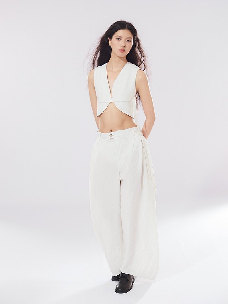 Original casual design Tencel Linen wide-leg pants men and women summer arc pleated trousers - Women's Pants - Other Materials White
