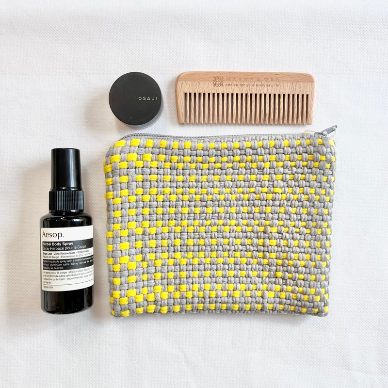 Handwoven flat pouch with yellow border - Toiletry Bags & Pouches - Polyester Yellow