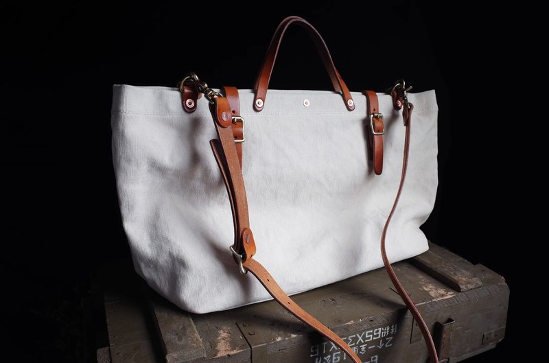 美式復古 加厚重磅帆布包 拼皮托特單肩大容量旅行包 - 手提包/手提袋 - 真皮 綠色