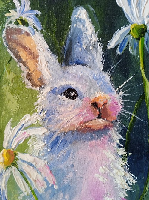 油絵。ウサギとお絵描き。油絵動物・ミニチュアアート - ショップ 