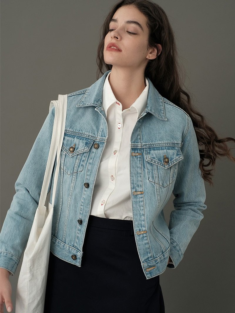 ECRU SOLI Plain White has become a heavyweight vintage light denim jacket - เสื้อแจ็คเก็ต - ผ้าฝ้าย/ผ้าลินิน หลากหลายสี
