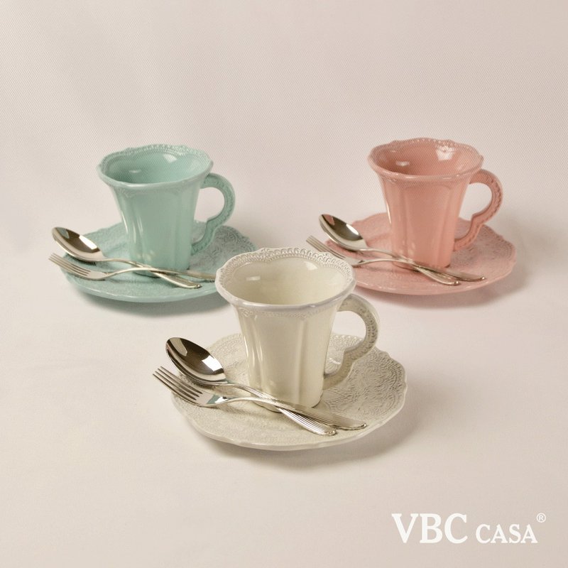 [Preferential Set] Italian VBC casa hand-embossed lace series single afternoon tea 4-piece set - Plates & Trays - Pottery Multicolor